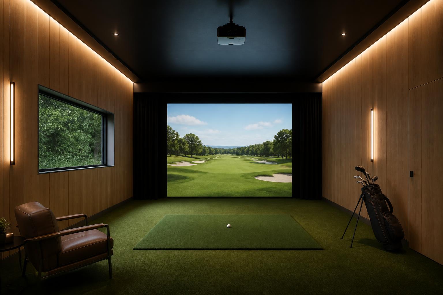 Interior of The Bay — high black ceiling, wood wall, turf and impact screen