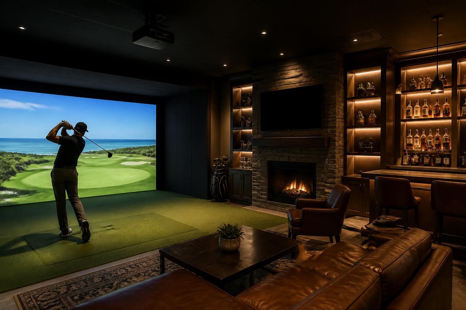 Interior of The Clubhouse — bar, lounge, fireplace and simulator
