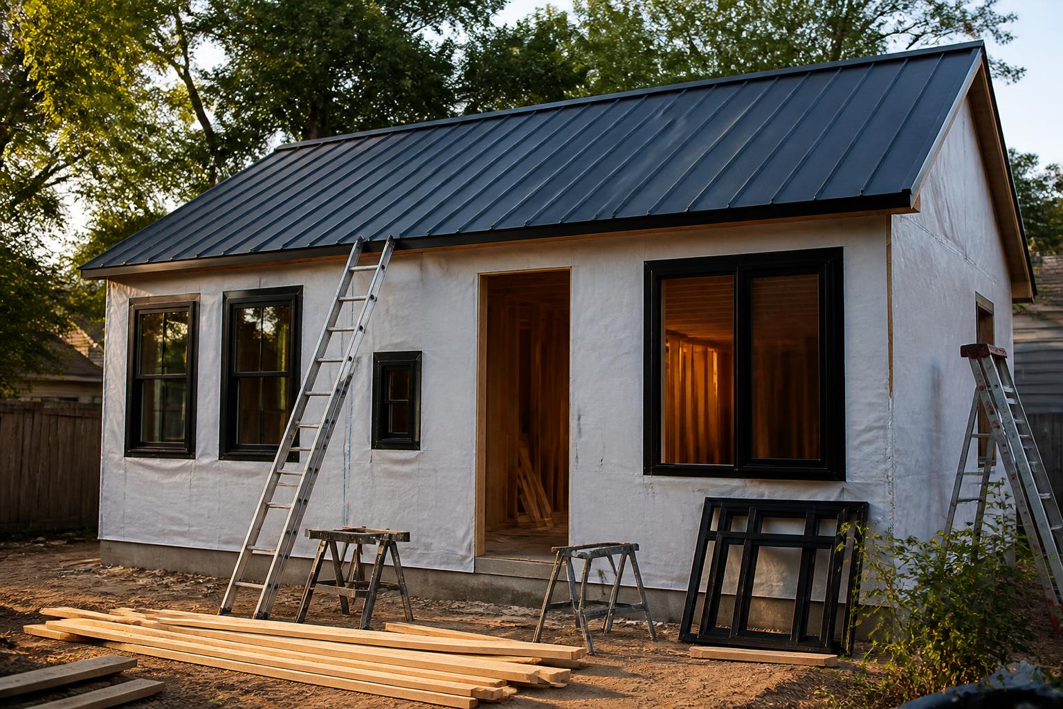 Building dried in — sheathing, house wrap, roof on, windows going in