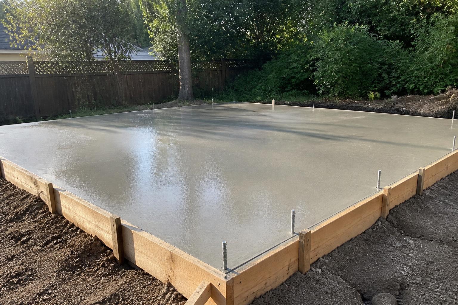 Freshly poured concrete slab with anchor bolts and forms in place