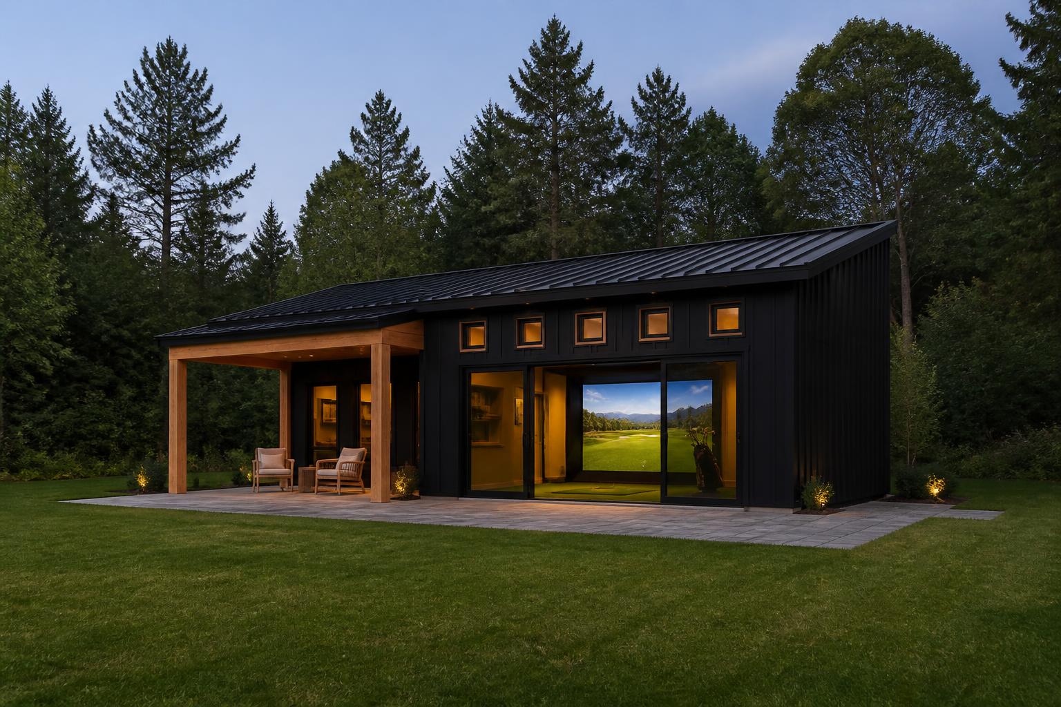 The Room — mid-size detached golf building with covered overhang at dusk