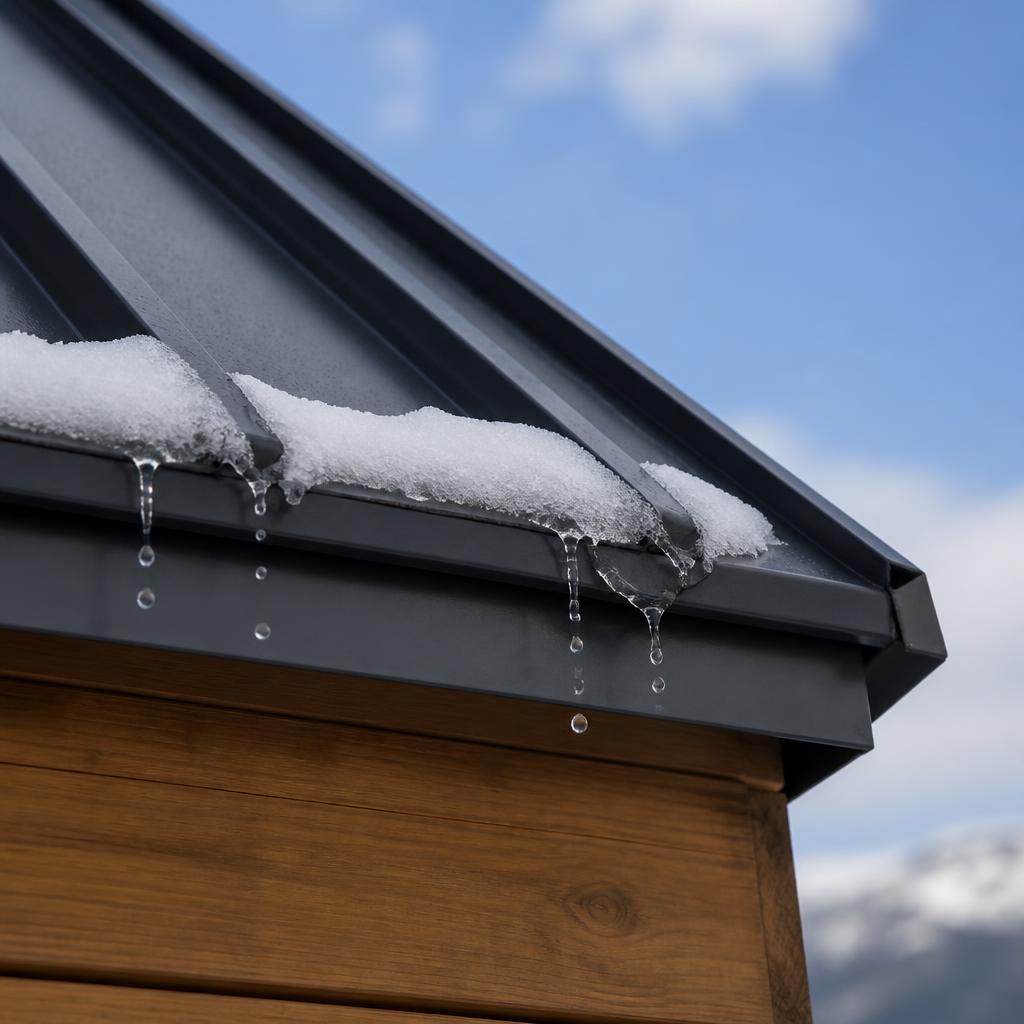 Standing seam metal roof edge with snow melting at the drip edge
