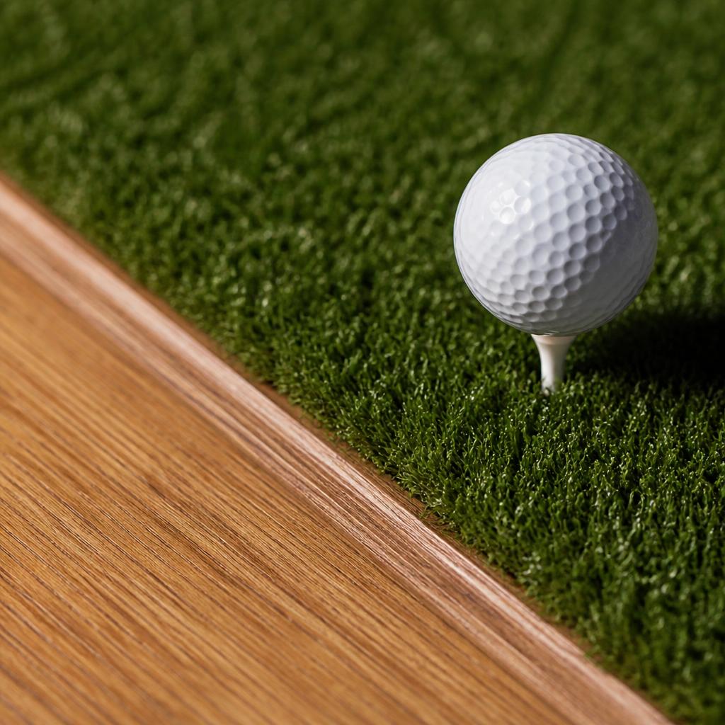 Premium turf meeting a wood threshold with a ball on a tee