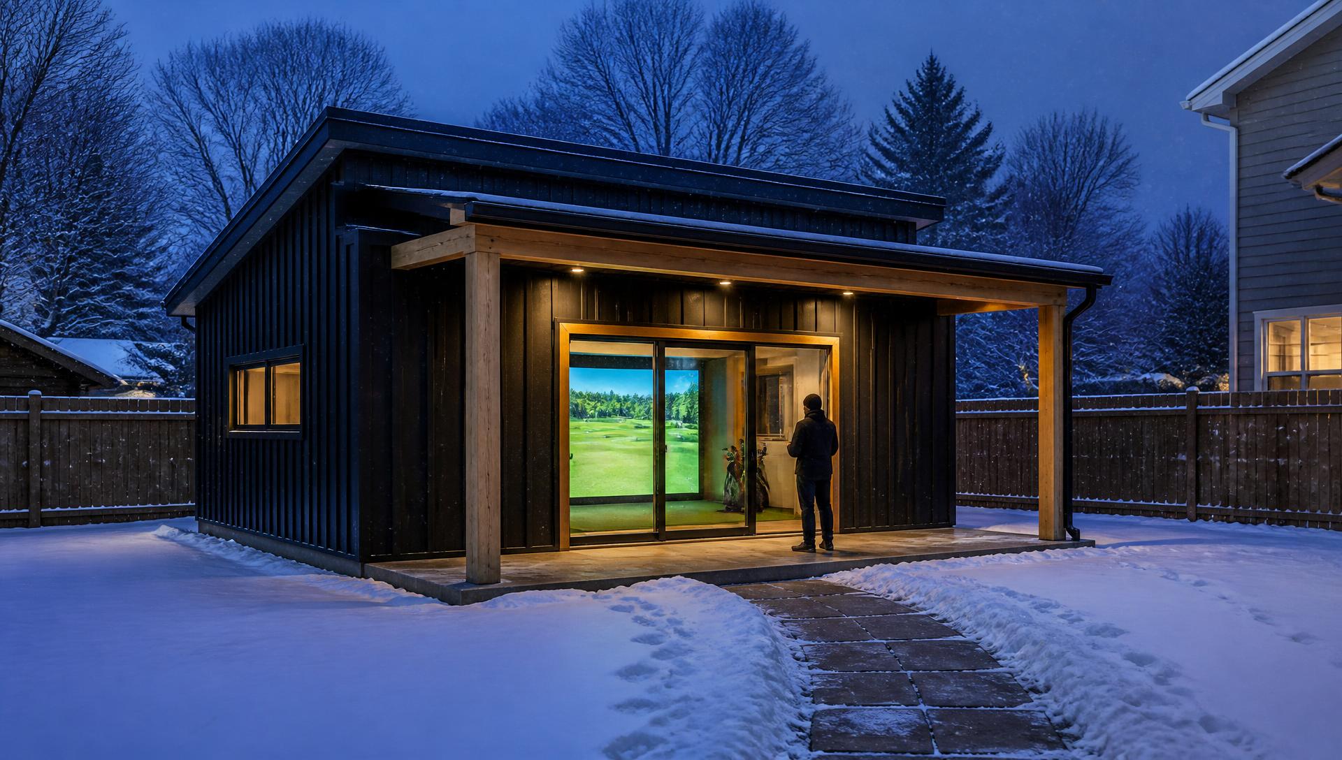 Detached black board-and-batten golf building glowing warm in a snowy New Hampshire backyard at dusk