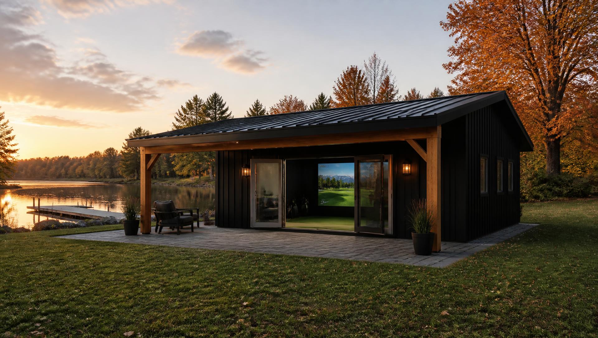 Detached golf building on a wooded New England lot at golden hour in autumn