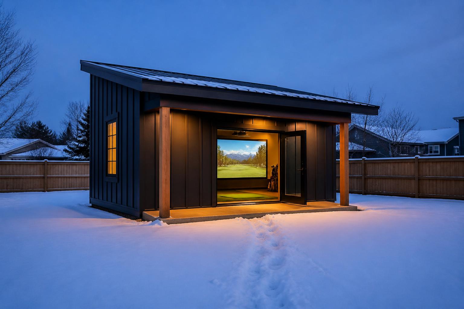 Detached golf building dark against deep snow with warm glowing glass at dusk