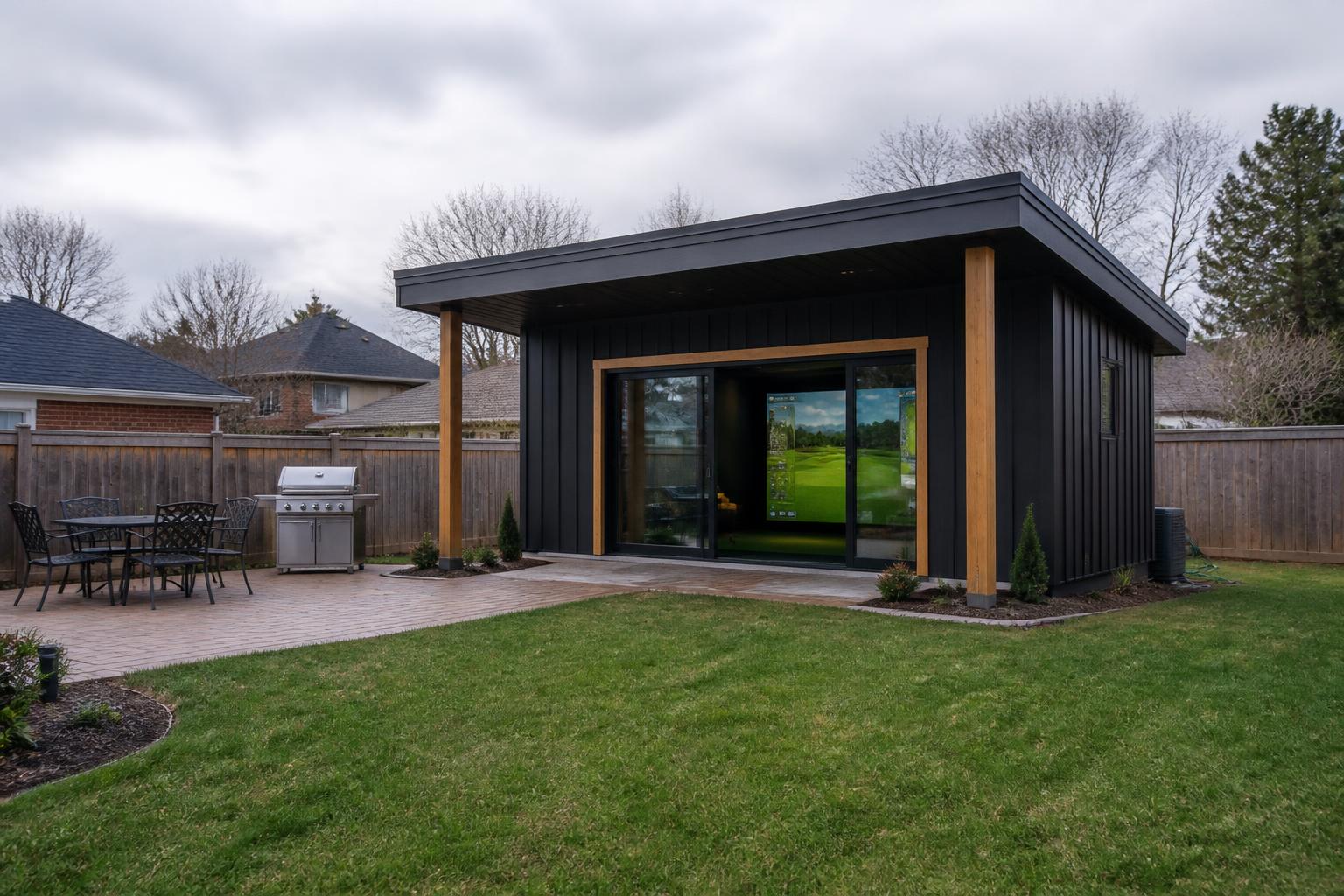 Suburban siting — detached golf building on a normal fenced backyard lot