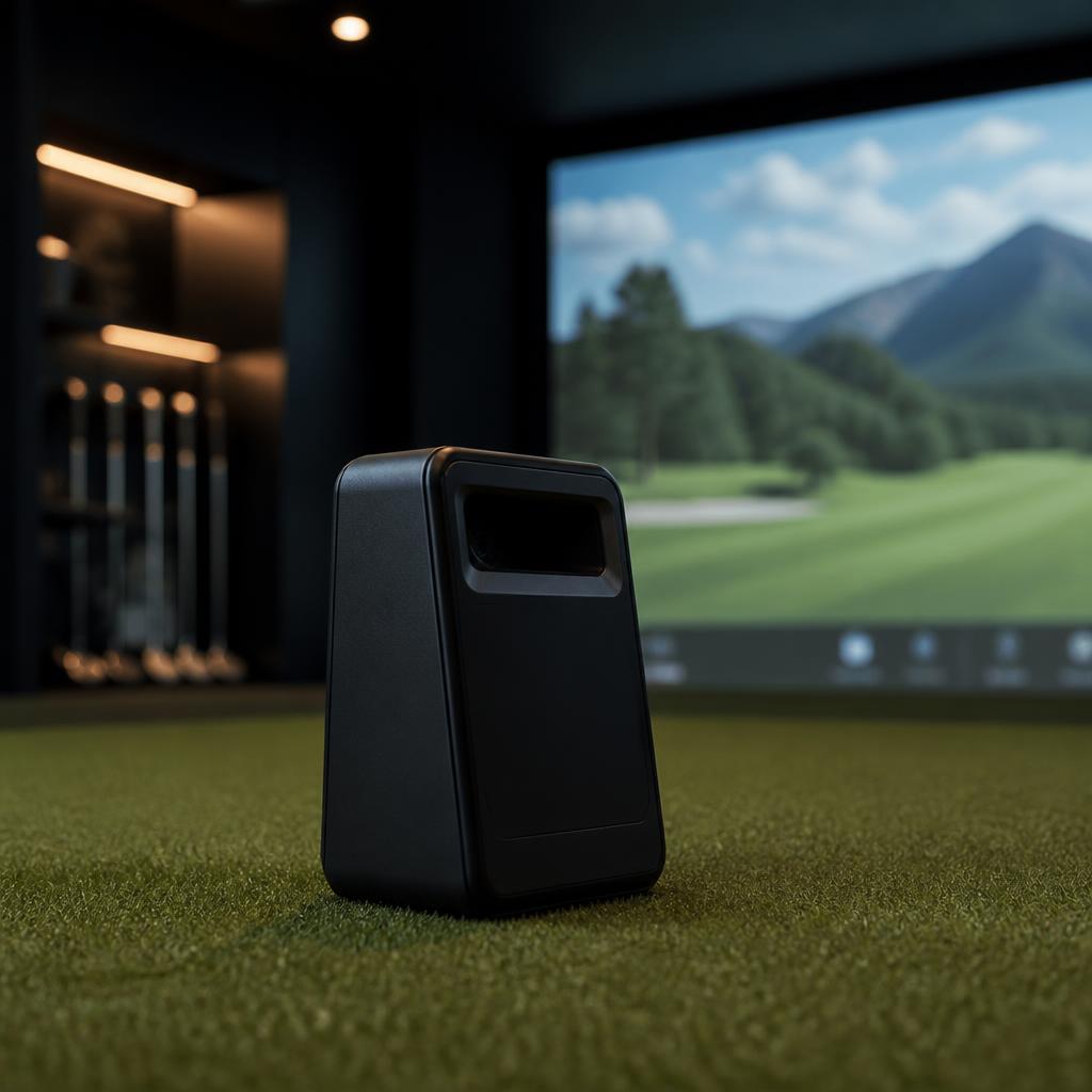 Unbranded launch monitor unit on turf in dramatic side light