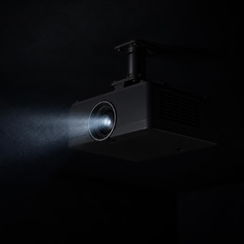 Ceiling-mounted projector against a black ceiling with the beam visible in haze