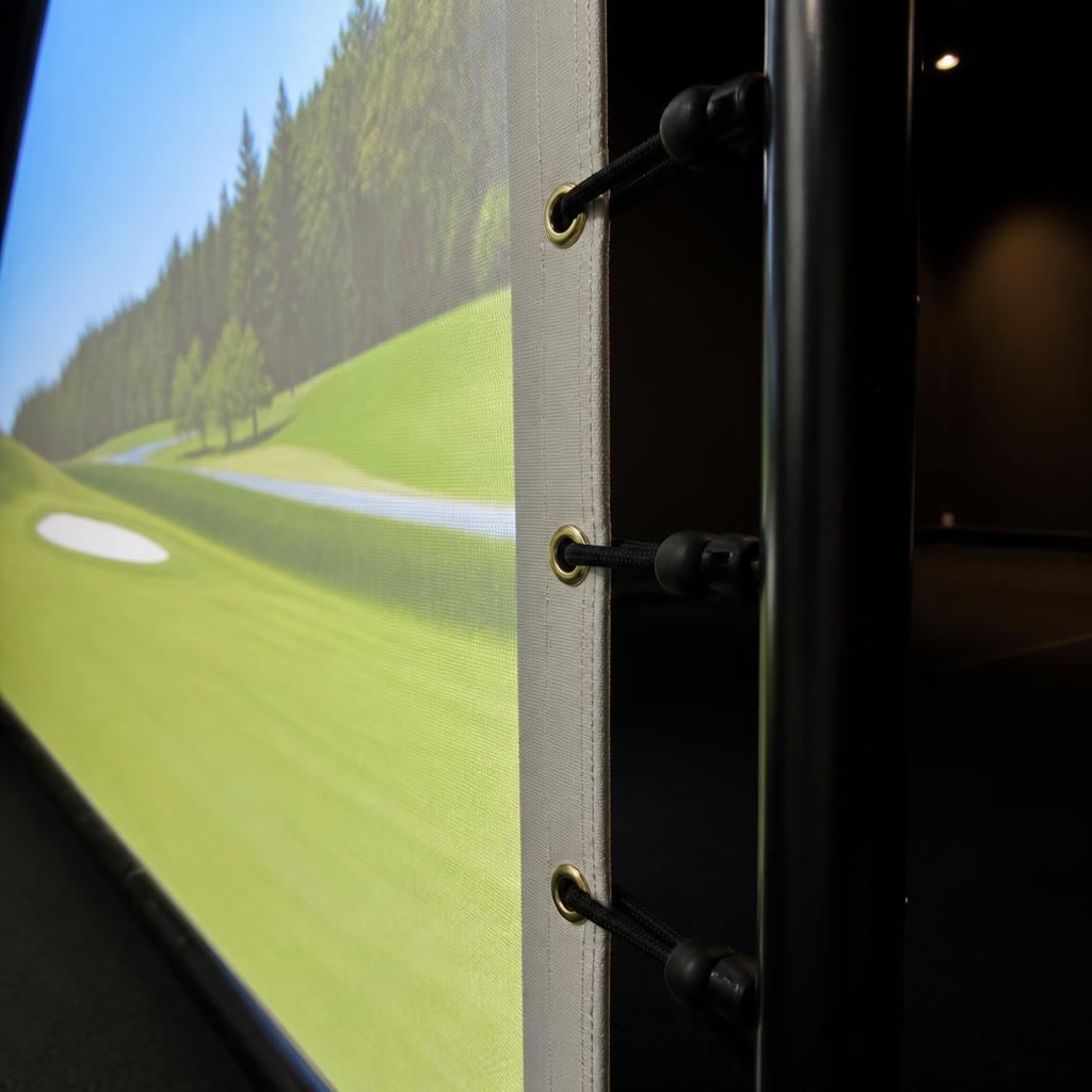 Impact screen surface detail with tensioned edge and course image glowing